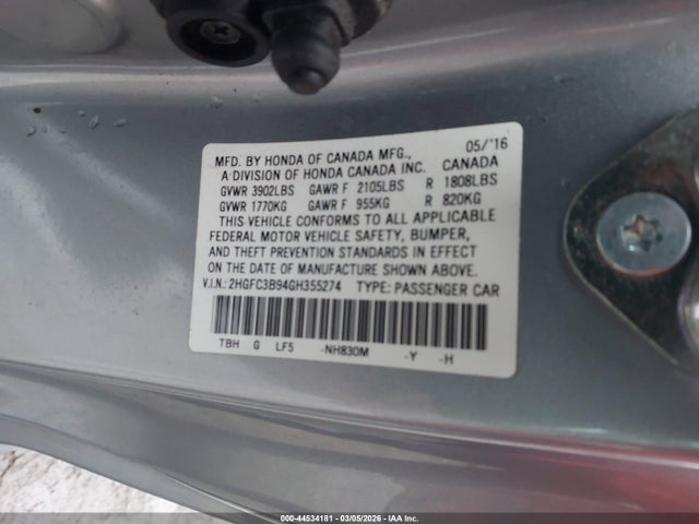 2016 Honda Civic Touring მანქანა იყიდება აუქციონზე, vin: 2HGFC3B94GH355274, აუქციონის ნომერი: 44534181