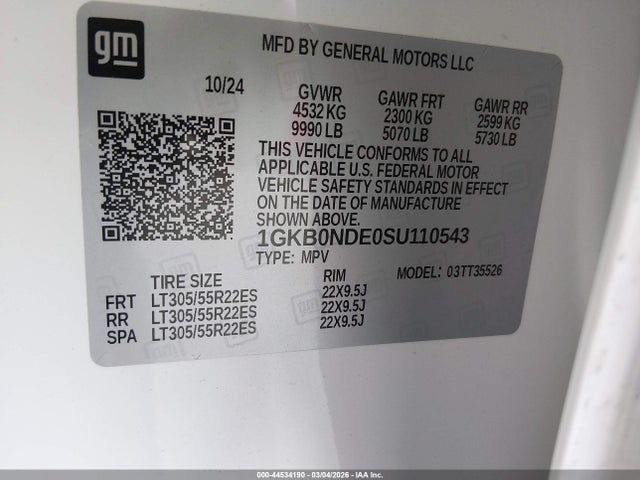 2025 Gmc Hummer Ev Suv 2x E4wd მანქანა იყიდება აუქციონზე, vin: 1GKB0NDE0SU110543, აუქციონის ნომერი: 44534190