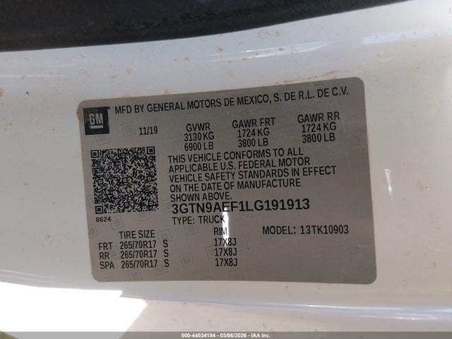 3GTN9AEF1LG191913 GMC Sierra 1500 4wd Long Box
