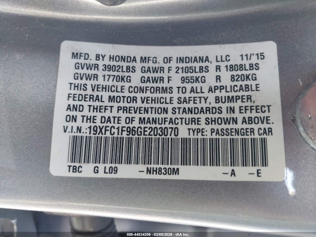 Honda Civic Touring 2016 19XFC1F96GE203070 Image 9