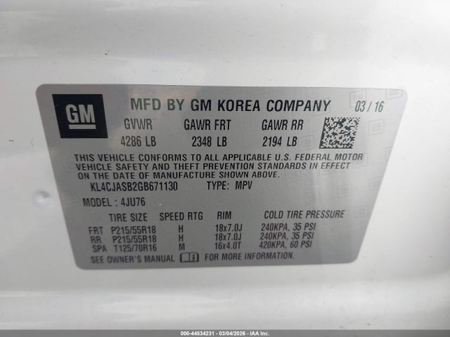44534231 :رقم المزاد ، KL4CJASB2GB671130 vin ، 2016 Buick Encore مزاد بيع