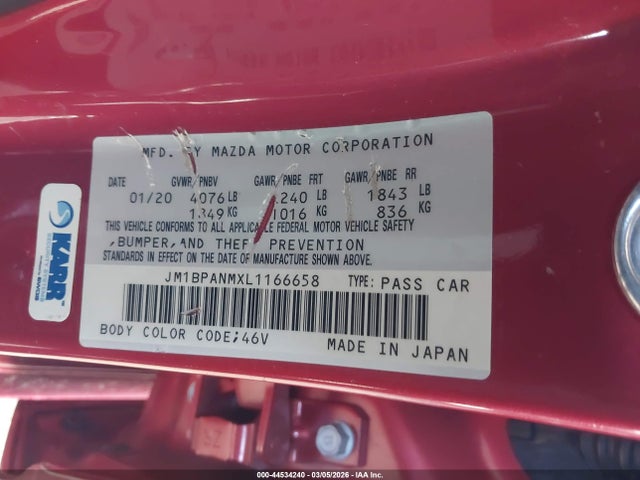 44534240 :رقم المزاد ، JM1BPANMXL1166658 vin ، 2020 Mazda Mazda3 Premium Package مزاد بيع