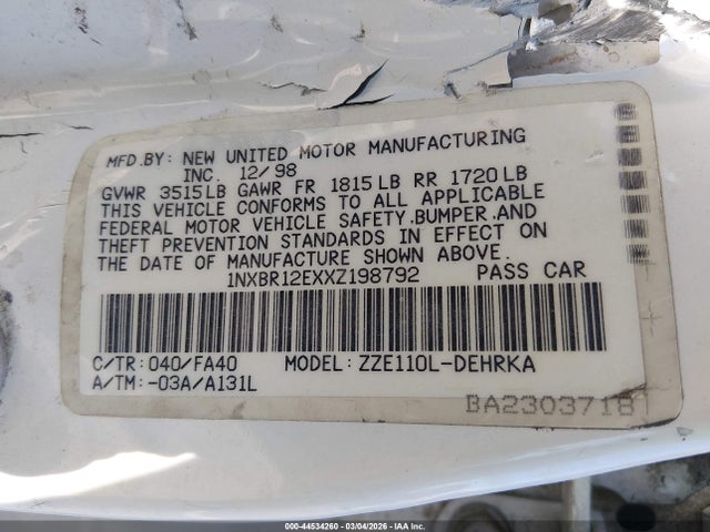 44534260 :رقم المزاد ، 1NXBR12EXXZ198792 vin ، 1999 Toyota Corolla Ve مزاد بيع