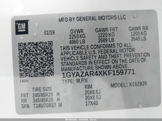 44534262 :رقم المزاد ، 1GYAZAR4XKF159771 vin ، 2019 Cadillac Xt4 Luxury مزاد بيع