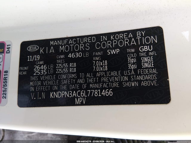 44534276 :رقم المزاد ، KNDPN3AC6L7781466 vin ، 2020 Kia Sportage Ex مزاد بيع