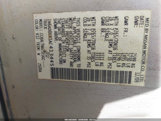 44534292 :رقم المزاد ، 1N6AD0ER1AC413445 vin ، 2010 Nissan Frontier Se مزاد بيع