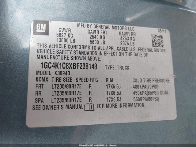 44534297 :رقم المزاد ، 1GC4K1C8XBF238148 vin ، 2011 Chevrolet Silverado 3500hd Ltz مزاد بيع