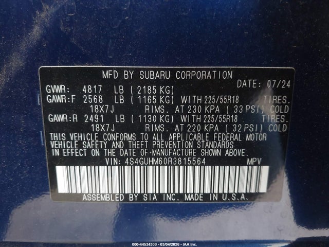 4S4GUHM60R3815564 Subaru Crosstrek Limited