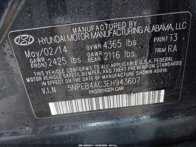 44534311 :رقم المزاد ، 5NPEB4AC3EH943607 vin ، 2014 Hyundai Sonata Gls مزاد بيع