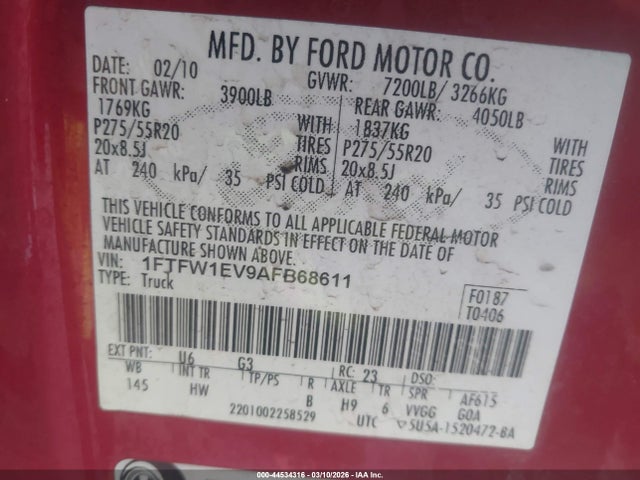 Aukcja sprzedaży 2010 Ford F-150 Fx4/harley-davidson/king Ranch/lariat/platinum/xl/xlt, vin: 1FTFW1EV9AFB68611, numer aukcji: 44534316