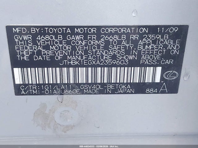 Aukcja sprzedaży 2010 Lexus Es 350, vin: JTHBK1EGXA2359603, numer aukcji: 44534333