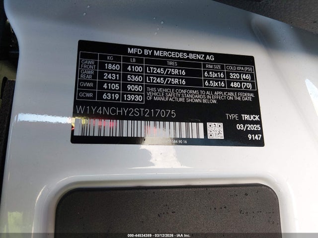 Aukcja sprzedaży 2025 Mercedes-benz Sprinter 2500 High Roof 4-cyl Diesel Ho, vin: W1Y4NCHY2ST217075, numer aukcji: 44534389