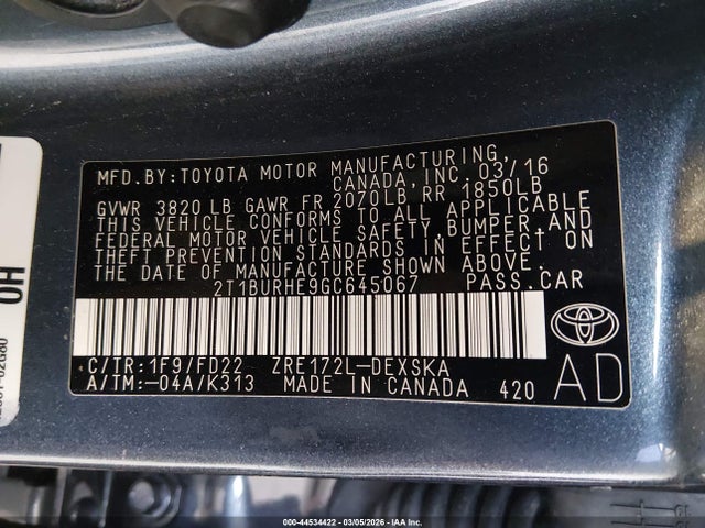 Toyota Corolla S Plus 2016 2T1BURHE9GC645067 Image 9