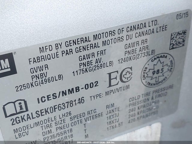 44534478 :رقم المزاد ، 2GKALSEK0F6378146 vin ، 2015 Gmc Terrain Slt-1 مزاد بيع