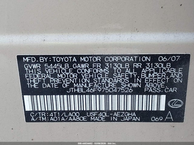 44534482 :رقم المزاد ، JTHBL46F975047526 vin ، 2007 Lexus Ls 460 مزاد بيع