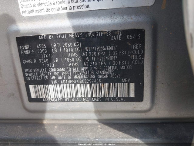 Auction sale of the 2012 Subaru Outback 2.5i Limited, vin: 4S4BRBLC8C3297436, lot number: 44534517