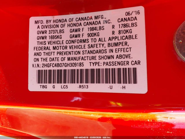 Honda Civic Lx-p 2016 2HGFC4B07GH309185 Image 9