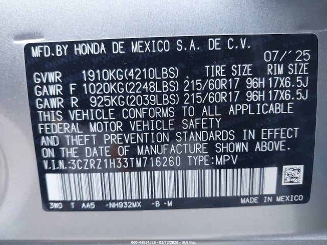 3CZRZ1H33TM716260 Honda Hr-v 2wd Lx
