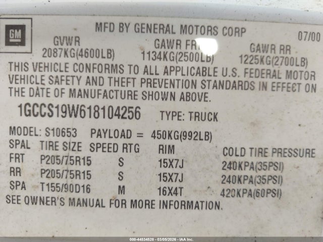 2001 CHEVROLET S-10 1GCCS19W618104256 Photo 8