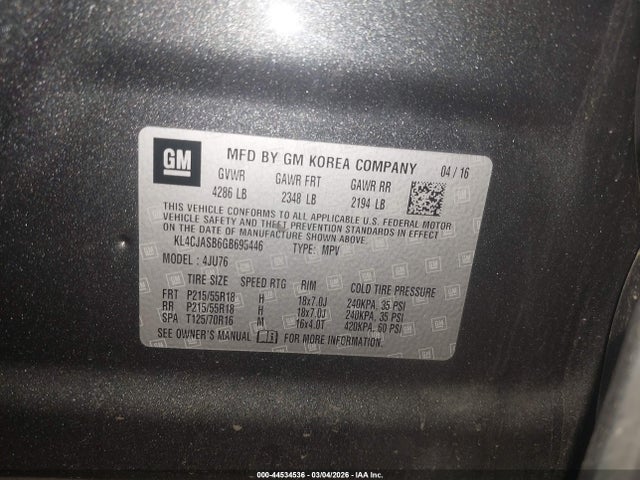 2016 Buick Encore მანქანა იყიდება აუქციონზე, vin: KL4CJASB6GB695446, აუქციონის ნომერი: 44534536