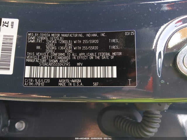 2025 Toyota Grand Highlander Hybrid Limited მანქანა იყიდება აუქციონზე, vin: 5TDACAB55SS043145, აუქციონის ნომერი: 44534538