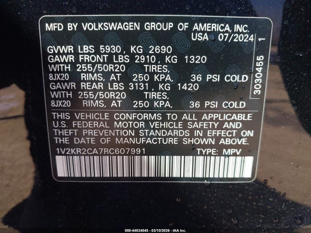 2024 Volkswagen Atlas 2.0t Se W/technology მანქანა იყიდება აუქციონზე, vin: 1V2KR2CA7RC607991, აუქციონის ნომერი: 44534545