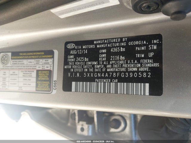 44534568 :رقم المزاد ، 5XXGN4A78FG390582 vin ، 2015 Kia Optima Ex مزاد بيع