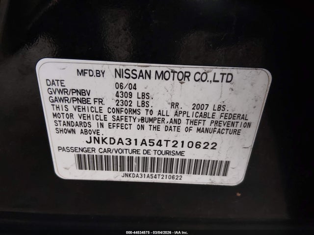44534575 :رقم المزاد ، JNKDA31A54T210622 vin ، 2004 Infiniti I35 Luxury مزاد بيع