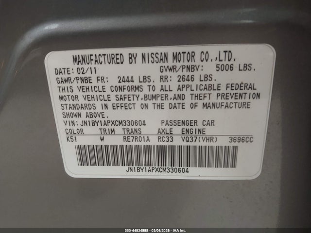 Aukcja sprzedaży 2012 Infiniti M37, vin: JN1BY1APXCM330604, numer aukcji: 44534588
