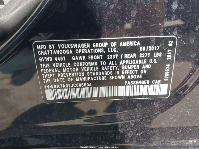 2018 Volkswagen Passat 2.0t Se მანქანა იყიდება აუქციონზე, vin: 1VWBA7A32JC005804, აუქციონის ნომერი: 44534600