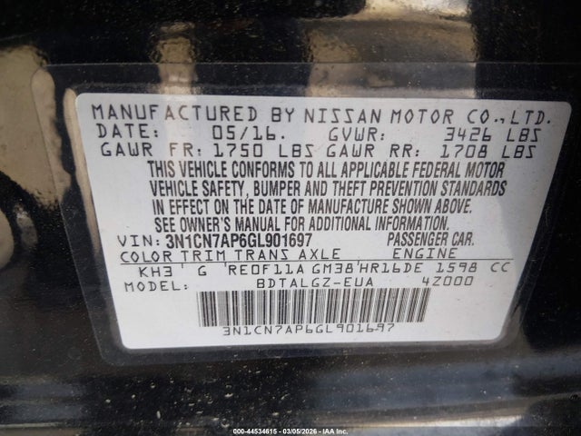 Nissan Versa 1.6 Sl 2016 3N1CN7AP6GL901697 Image 9
