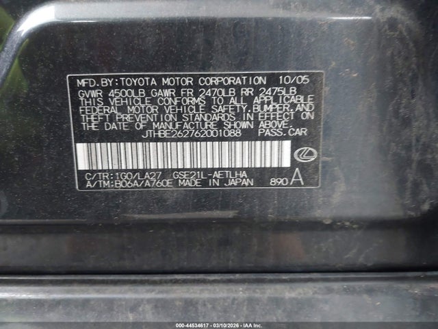 44534617 :رقم المزاد ، JTHBE262762001088 vin ، 2006 Lexus Is 350 مزاد بيع