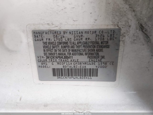 3N1CN7AP6HL805411 Nissan Versa 1.6 Sv