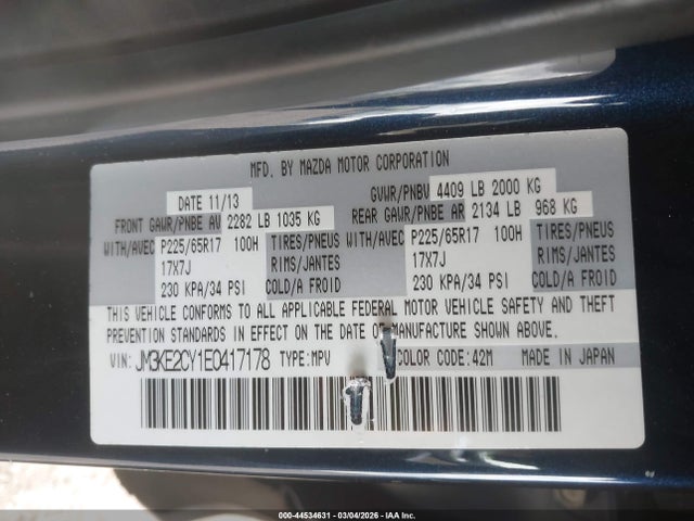 44534631 :رقم المزاد ، JM3KE2CY1E0417178 vin ، 2014 Mazda Cx-5 Touring مزاد بيع