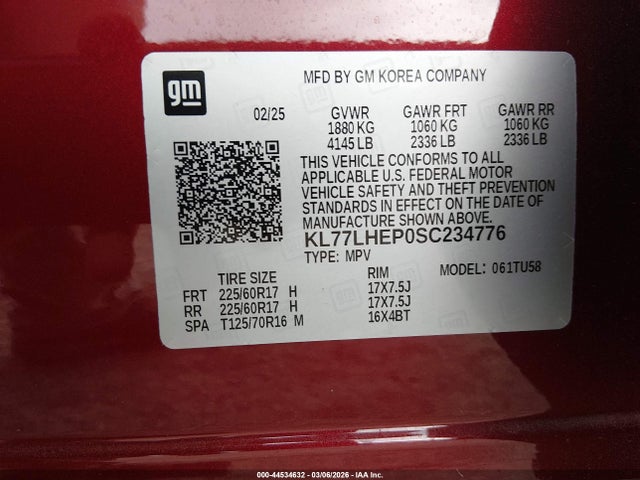 44534632 :رقم المزاد ، KL77LHEP0SC234776 vin ، 2025 Chevrolet Trax Fwd Lt مزاد بيع