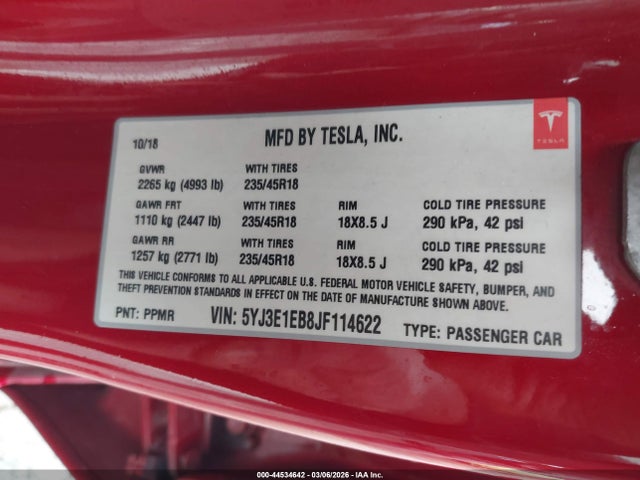 Aukcja sprzedaży 2018 Tesla Model 3 Long Range/performance, vin: 5YJ3E1EB8JF114622, numer aukcji: 44534642