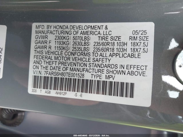 7FARS6H80TE001528 Honda Cr-v Hybrid Awd Sport-l