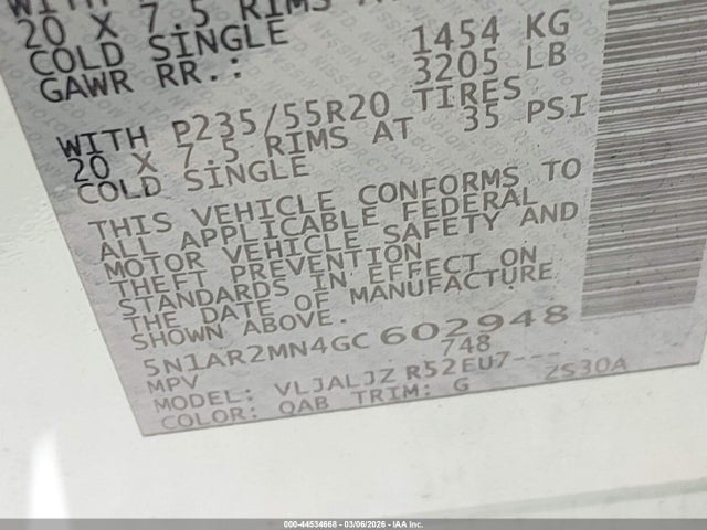 5N1AR2MN4GC602948 Nissan Pathfinder Platinum