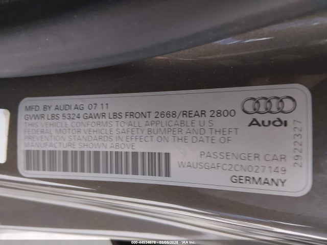 44534678 :رقم المزاد ، WAUSGAFC2CN027149 vin ، 2012 Audi A7 Premium مزاد بيع