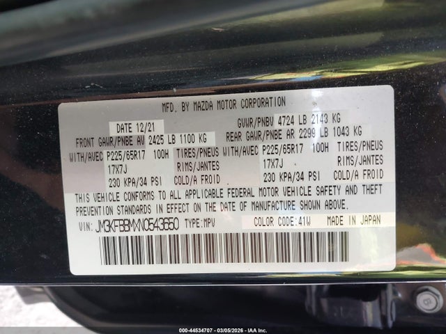 Aukcja sprzedaży 2022 Mazda Cx-5 2.5 S Select, vin: JM3KFBBMXN0543650, numer aukcji: 44534707
