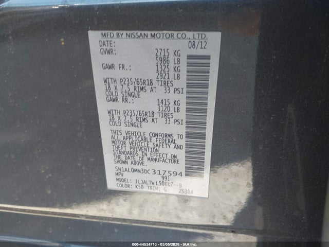 Aukcja sprzedaży 2013 Infiniti Jx35, vin: 5N1AL0MN3DC317594, numer aukcji: 44534713