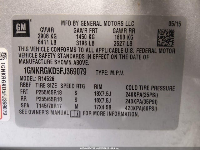 Chevrolet Traverse 1lt 2015 1GNKRGKD5FJ369079 Image 9