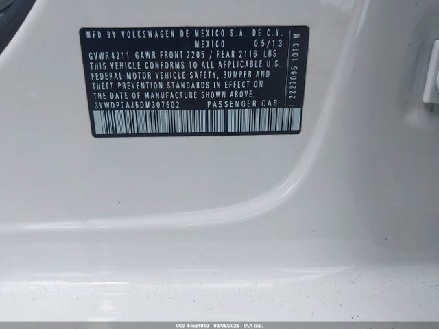 Aukcja sprzedaży 2013 Volkswagen Jetta 2.5l Se, vin: 3VWDP7AJ5DM307502, numer aukcji: 44534913