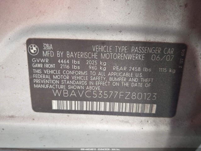 Aukcja sprzedaży 2007 Bmw 328i, vin: WBAVC53577FZ80123, numer aukcji: 44534915