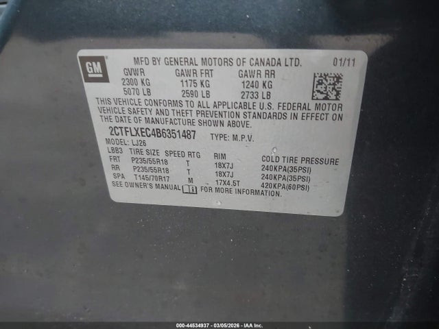 44534937 :رقم المزاد ، 2CTFLXEC4B6351487 vin ، 2011 Gmc Terrain Slt-2 مزاد بيع