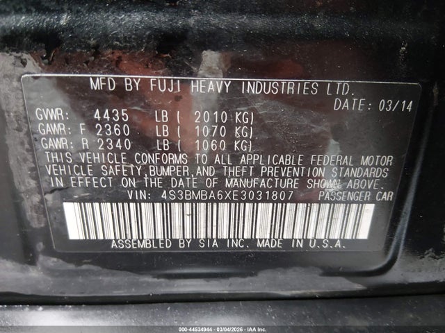 Subaru Legacy 2.5i 2014 4S3BMBA6XE3031807 Image 9