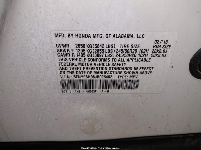 Honda Pilot Touring 2018 5FNYF6H98JB025402 Image 9
