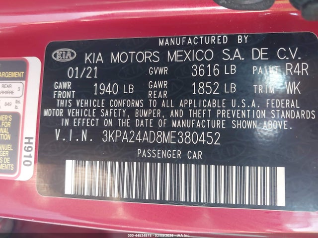 2021 Kia Rio S მანქანა იყიდება აუქციონზე, vin: 3KPA24AD8ME380452, აუქციონის ნომერი: 44534978