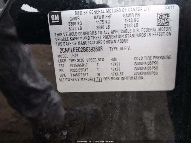 Продажа на аукционе авто 2011 Chevrolet Equinox 1lt, vin: 2CNFLEEC2B6393698, номер лота: 44535111