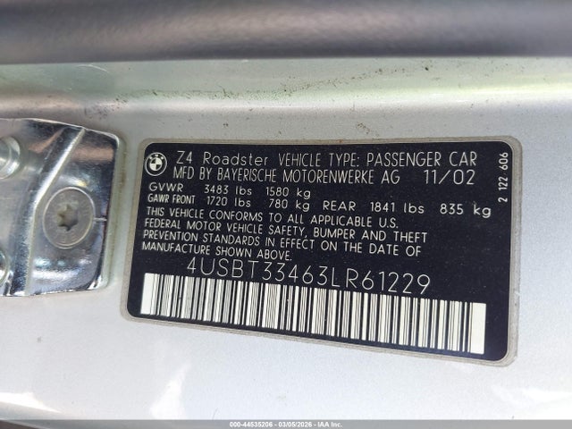 44535206 :رقم المزاد ، 4USBT33463LR61229 vin ، 2003 Bmw Z4 2.5i مزاد بيع